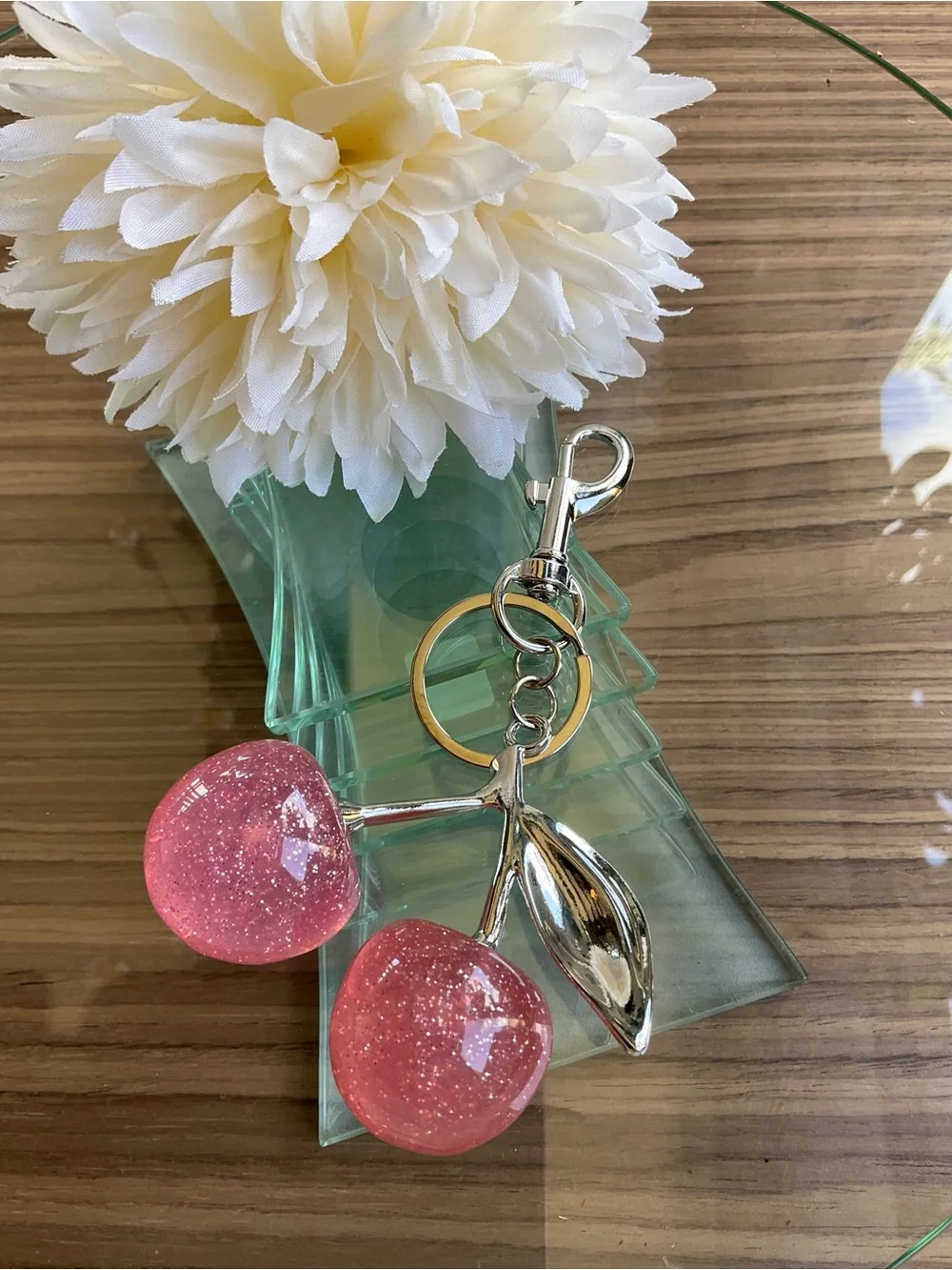 Pink Glitter Cherry Keychain Charm with Silver Hardware